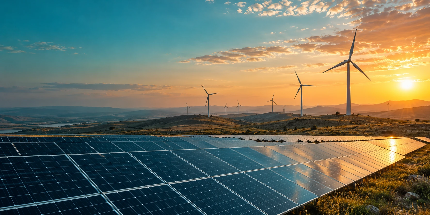 Güneş panelleri ve rüzgâr türbinleri: yenilenebilir enerji temsili